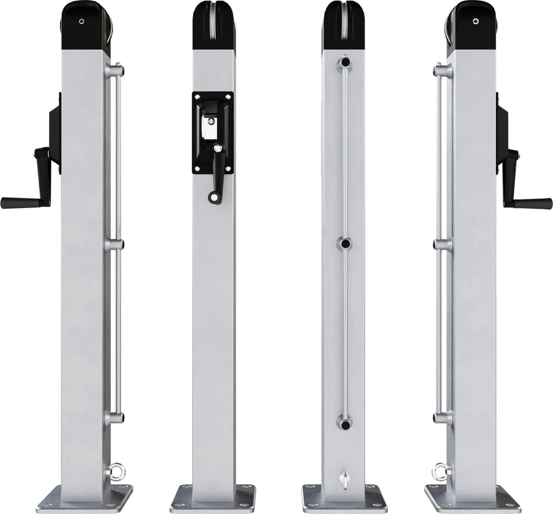 The surface mount pickleball post shown from four sides, each one standing on its square base plate with the anchor bolt holes visible at the corners.