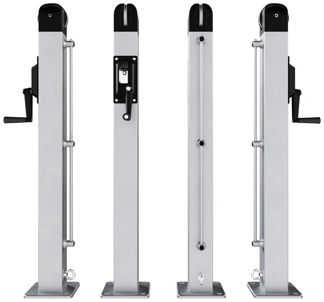 The same post from a second set of angles, with the crank handle on one face and the base plate flat on the ground.