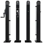 The surface mount pickleball post in black powder coat, shown from four sides, each standing on its square base plate with the anchor bolt holes at the corners.