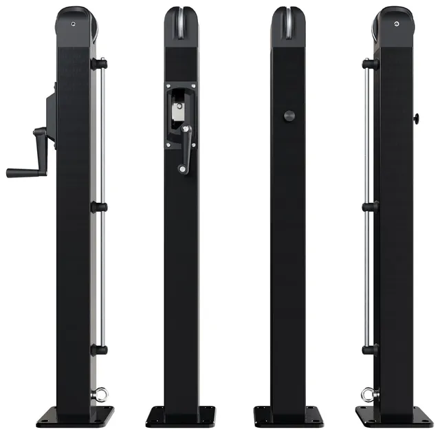 The surface mount pickleball post in black powder coat, shown from four sides, each standing on its square base plate with the anchor bolt holes at the corners.