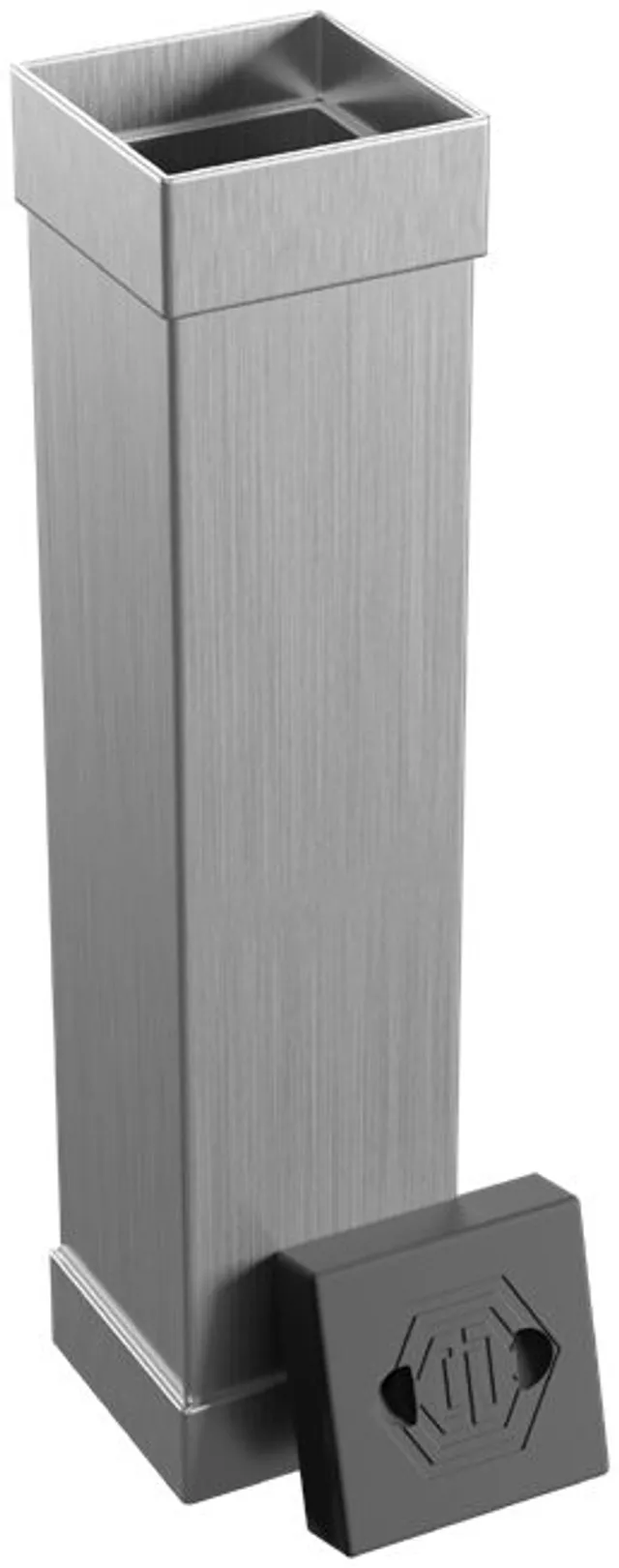 The in-ground sleeve the poolside hoop drops into, a square aluminum tube with a separate cap that sits flush with the deck when the hoop is out.