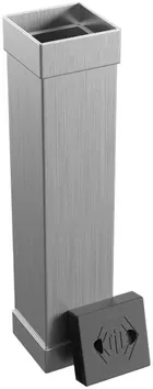 The in-ground sleeve the poolside hoop drops into, a square aluminum tube with a separate cap that sits flush with the deck when the hoop is out.
