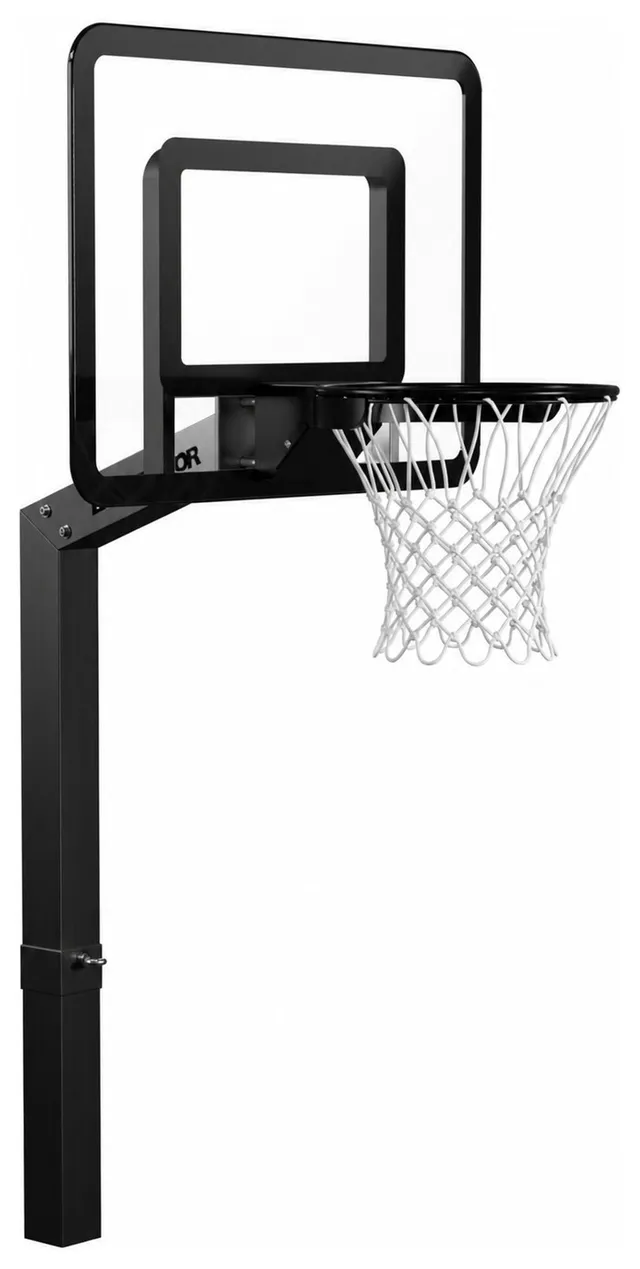 The 40 inch poolside hoop in black powder coat, mounted on its short deck-side post with the acrylic backboard above.