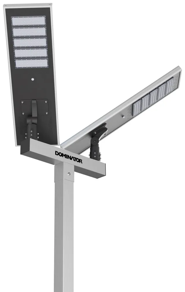 Close on the top of the double solar pole, one panel and fixture out on each side of the crossbar.