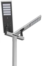 Close on the top of the double solar pole, one panel and fixture out on each side of the crossbar.