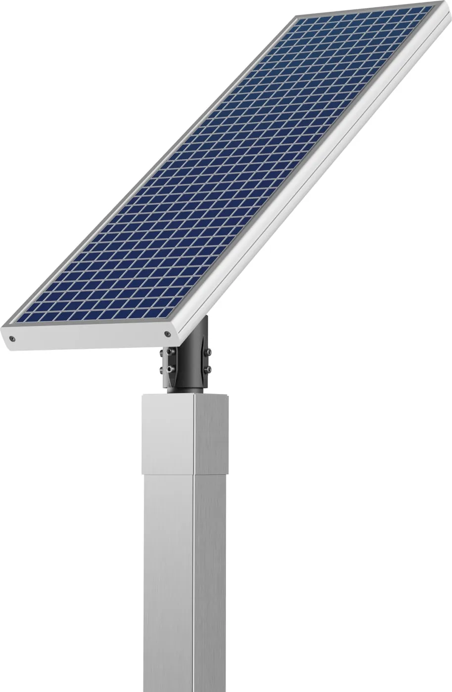A 16 ft solar light pole carrying one head, the solar panel angled above the LED fixture at the top of the square aluminum post.