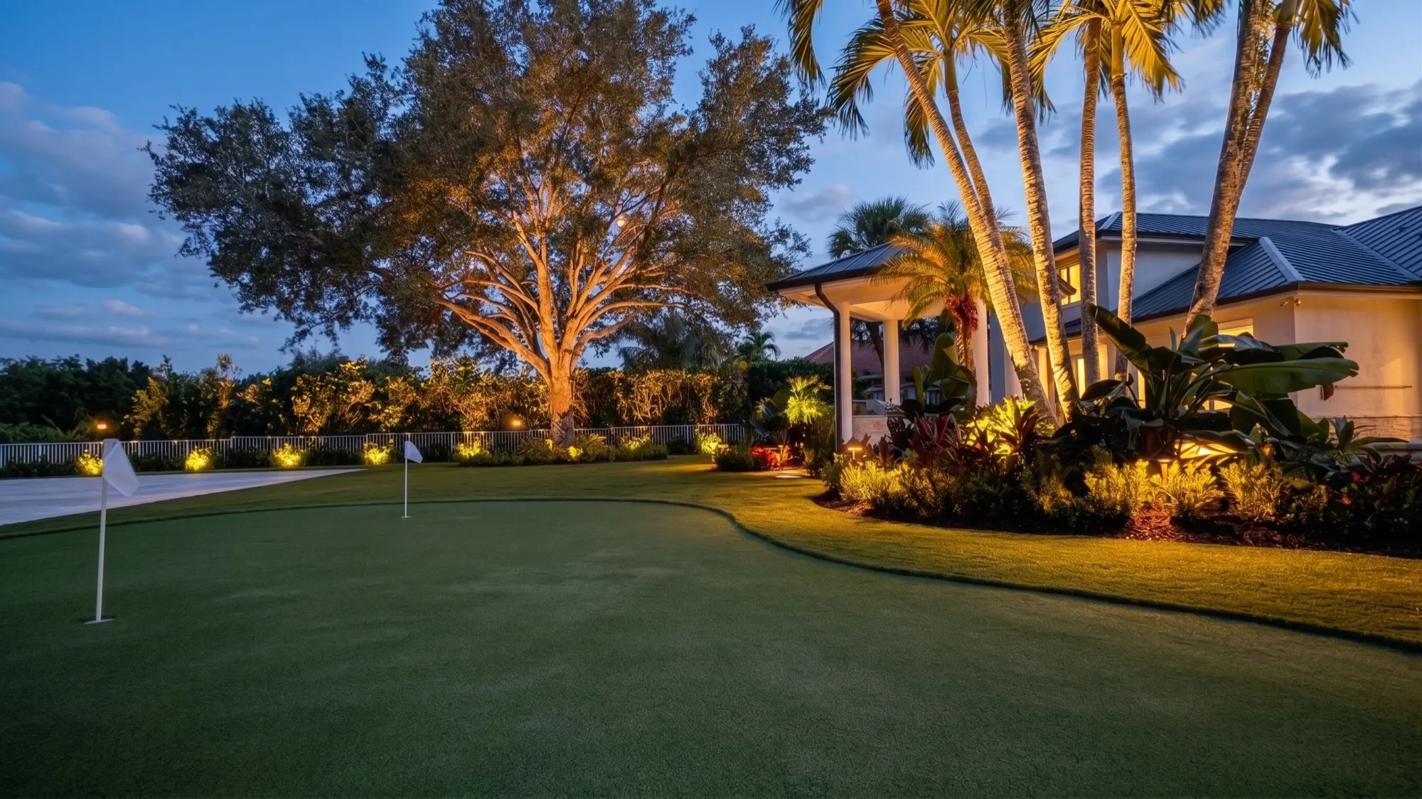 Artificial putting green with two flagsticks at dusk, uplighting on a live oak and palms, and warm landscape lighting through the planting beds