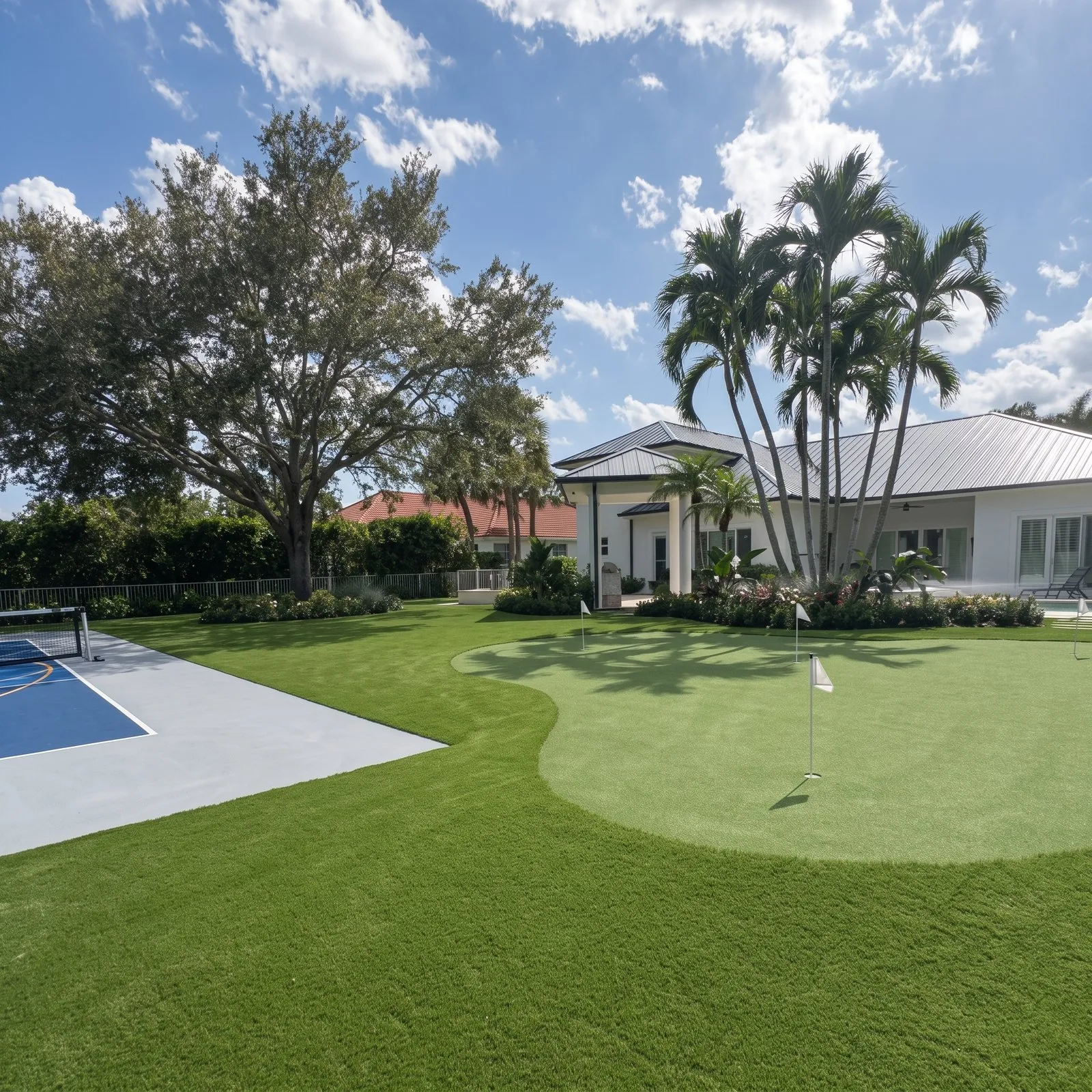 An artificial turf lawn across a whole backyard in daylight, with a putting green in the middle, a blue sport court at the left and a white house under palms and an oak behind