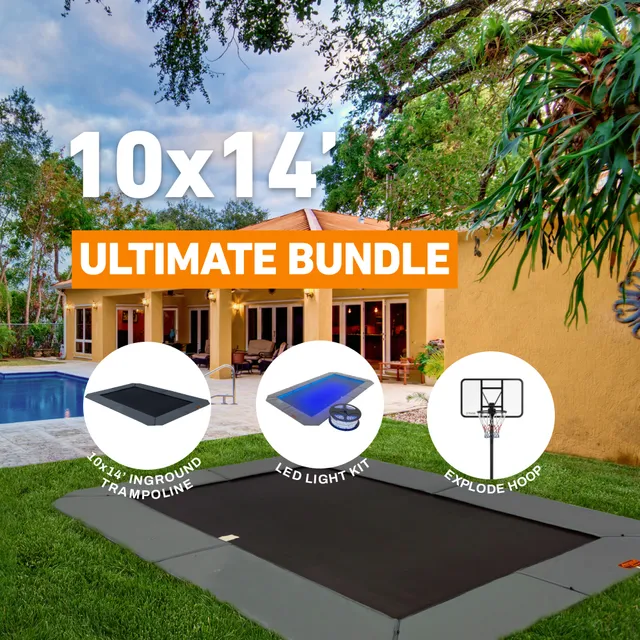 Trampolines.com's Ultimate Bundle graphic for the 10 by 14 foot rectangle: the in-ground trampoline, the LED light kit and the Explode hoop shown as the three labelled items in the bundle.