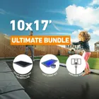 Trampolines.com's Ultimate Bundle graphic for the 10 by 17 foot rectangle: the in-ground trampoline, the LED light kit and the Explode hoop shown as the three labelled items in the bundle.