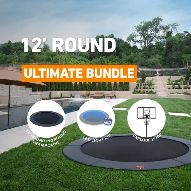Trampolines.com's Ultimate Bundle graphic for the 12 foot round: the in-ground trampoline, the LED light kit and the Explode hoop shown as the three labelled items in the bundle.