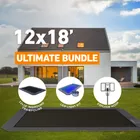 Trampolines.com's Ultimate Bundle graphic for the 12 by 18 foot rectangle: the in-ground trampoline, the LED light kit and the Explode hoop shown as the three labelled items in the bundle.
