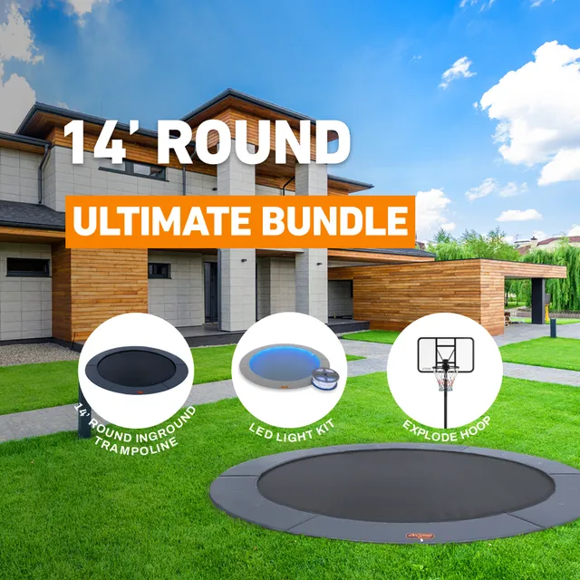 Trampolines.com's Ultimate Bundle graphic for the 14 foot round: the in-ground trampoline, the LED light kit and the Explode hoop shown as the three labelled items in the bundle.