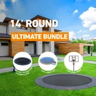 Trampolines.com's Ultimate Bundle graphic for the 14 foot round: the in-ground trampoline, the LED light kit and the Explode hoop shown as the three labelled items in the bundle.