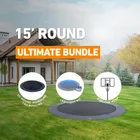 Trampolines.com's Ultimate Bundle graphic for the 15 foot round: the in-ground trampoline, the LED light kit and the Explode hoop shown as the three labelled items in the bundle.