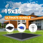 Trampolines.com's Ultimate Bundle graphic for the 15 by 15 foot square: the in-ground trampoline, the LED light kit and the Explode hoop shown as the three labelled items in the bundle.